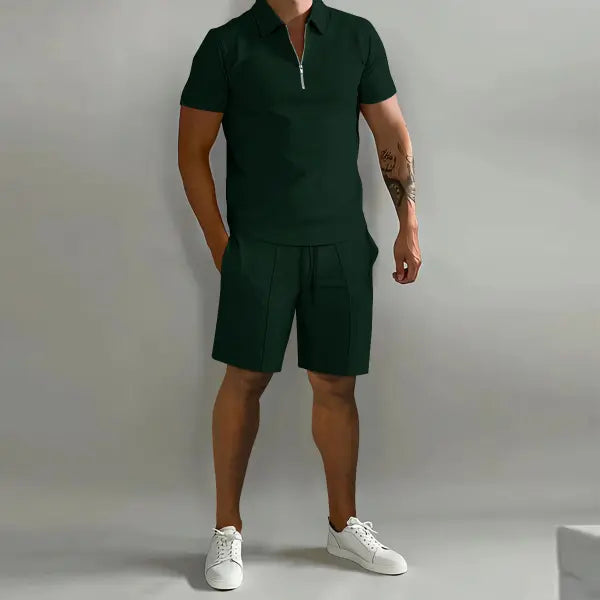 Men’s Polo Shorts Set Plus Sizes Fashionable Summer Casual Outfit - Dark green / 2XL - None