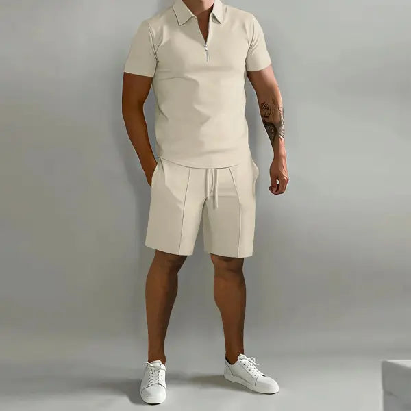 Men’s Polo Shorts Set Plus Sizes Fashionable Summer Casual Outfit - Khaki / 2XL - None