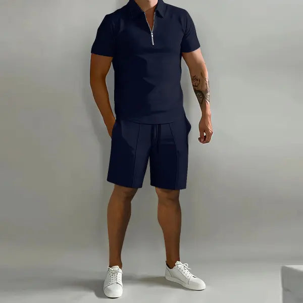 Men’s Polo Shorts Set Plus Sizes Fashionable Summer Casual Outfit - Navy blue / 2XL - None