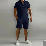 Men’s Polo Shorts Set Plus Sizes Fashionable Summer Casual Outfit - Navy blue / 2XL - None