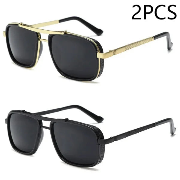 Men’s Punk Square Aviator Sunglasses - UV400 Twin-Beam Shades - 2pcs Gold Black