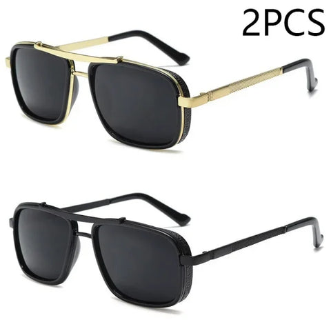 Men’s Punk Square Aviator Sunglasses - UV400 Twin-Beam Shades - 2pcs Gold Black