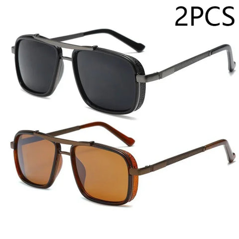 Men’s Punk Square Aviator Sunglasses - UV400 Twin-Beam Shades - 2pcs Gery Brown