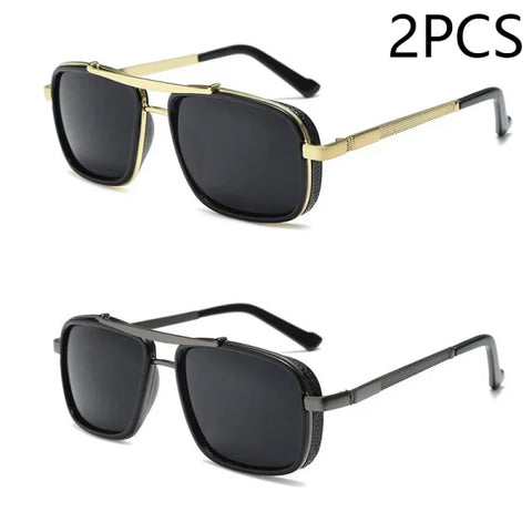 Men’s Punk Square Aviator Sunglasses - UV400 Twin-Beam Shades - 2pcs Gold Gery