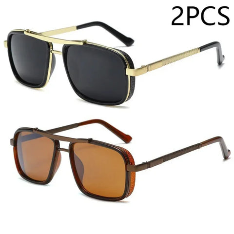 Men’s Punk Square Aviator Sunglasses - UV400 Twin-Beam Shades - 2pcs Gold Brown
