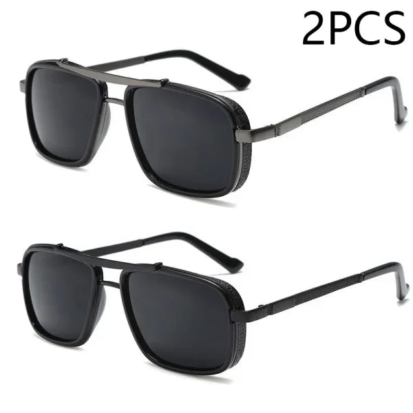 Men’s Punk Square Aviator Sunglasses - UV400 Twin-Beam Shades - 2pcs Gery Black