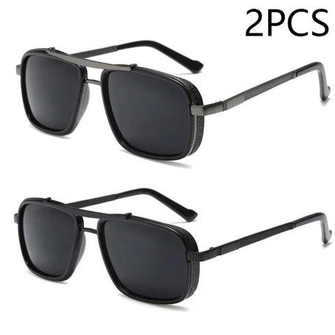 Men’s Punk Square Aviator Sunglasses - UV400 Twin-Beam Shades - 2pcs Gery Black
