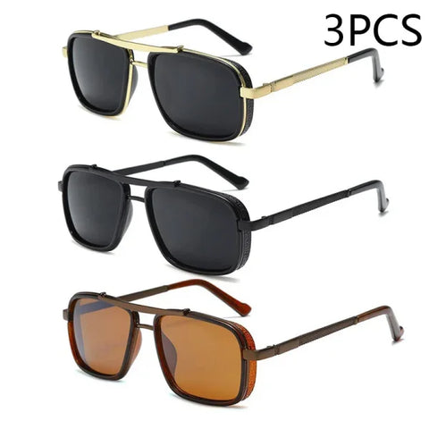 Men’s Punk Square Aviator Sunglasses - UV400 Twin-Beam Shades - 3pcsGold Black Brown