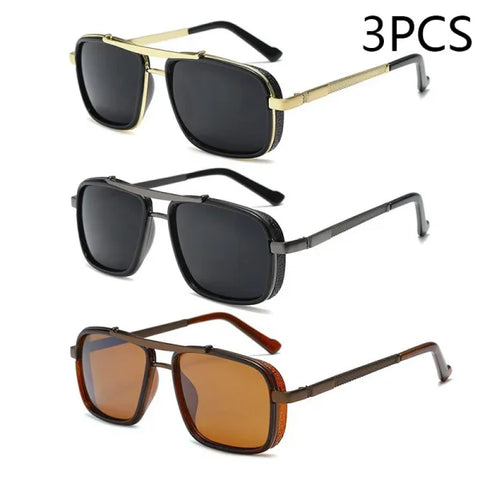 Men’s Punk Square Aviator Sunglasses - UV400 Twin-Beam Shades - 3pcsGold Gery Brown