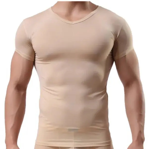 Men’s Ice Silk Sheer Mesh Undershirt - Sexy See-Through Fitness Muscle Tee - Breathable Bodybuilding Base Layer - beige