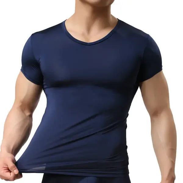 Men’s Ice Silk Sheer Mesh Undershirt - Sexy See-Through Fitness Muscle Tee - Breathable Bodybuilding Base Layer - Navy