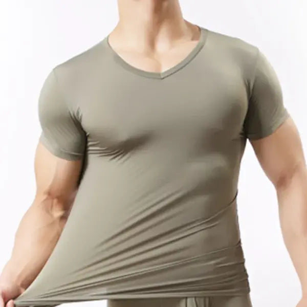 Men’s Ice Silk Sheer Mesh Undershirt - Sexy See-Through Fitness Muscle Tee - Breathable Bodybuilding Base Layer - Army