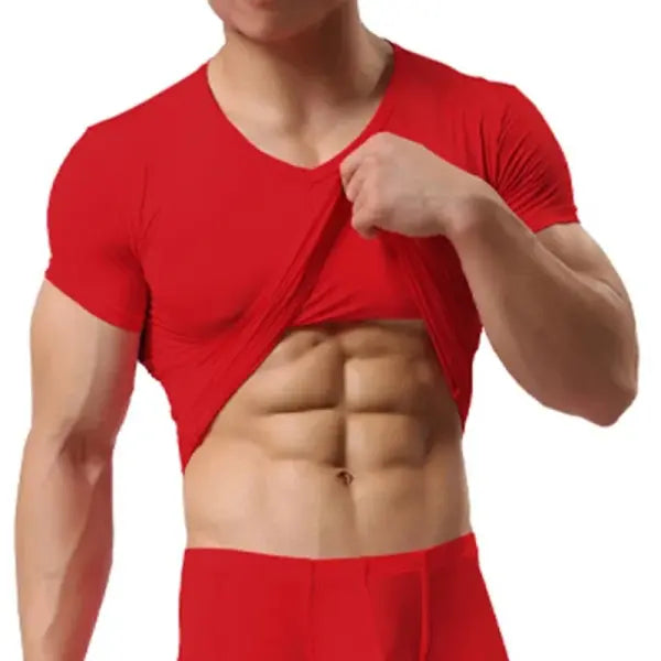 Men’s Ice Silk Sheer Mesh Undershirt - Sexy See-Through Fitness Muscle Tee - Breathable Bodybuilding Base Layer - Red