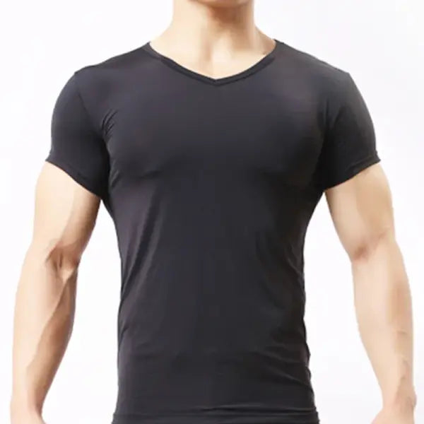 Men’s Ice Silk Sheer Mesh Undershirt - Sexy See-Through Fitness Muscle Tee - Breathable Bodybuilding Base Layer - black