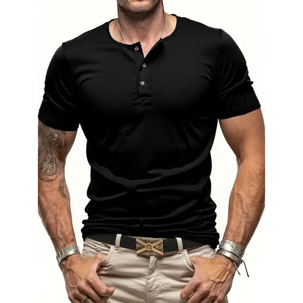 Men’s Short Sleeve Henley Neck T-shirt Solid Color Male Tops Slim Fit Button Neck Casual Cozy Tshirt Streetwear - black