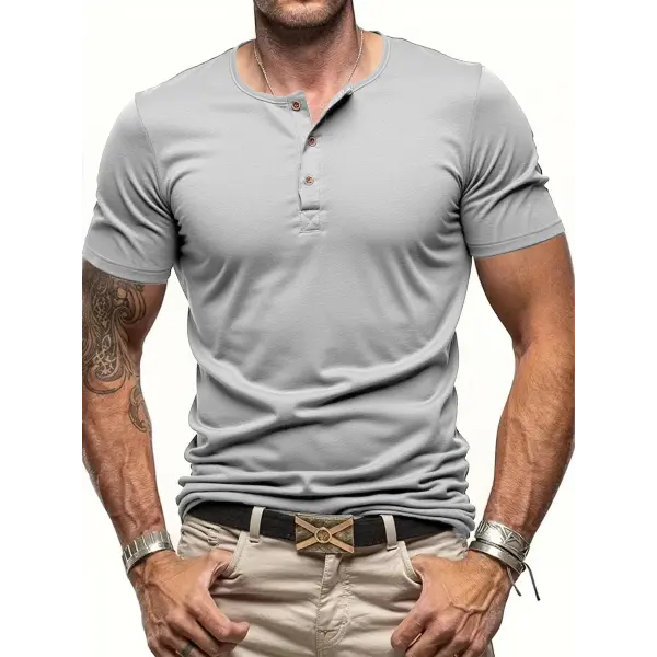 Men’s Short Sleeve Henley Neck T-Shirt - Slim Fit Casual Button Neck Tee - Cozy Solid Color Streetwear Top - light gray