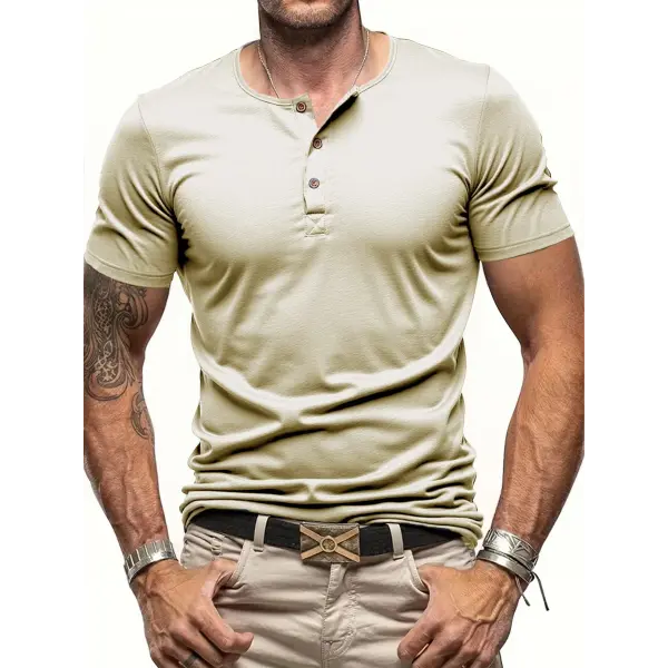 Men’s Short Sleeve Henley Neck T-shirt Solid Color Male Tops Slim Fit Button Neck Casual Cozy Tshirt Streetwear - Khaki