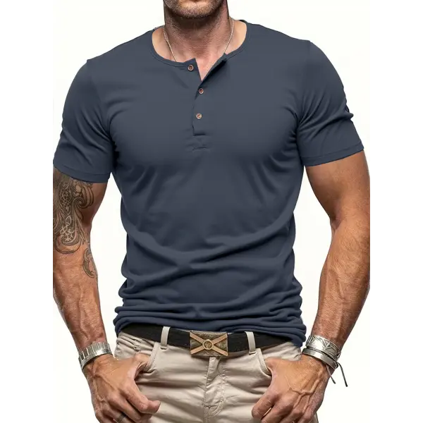 Men’s Short Sleeve Henley Neck T-shirt Solid Color Male Tops Slim Fit Button Neck Casual Cozy Tshirt Streetwear