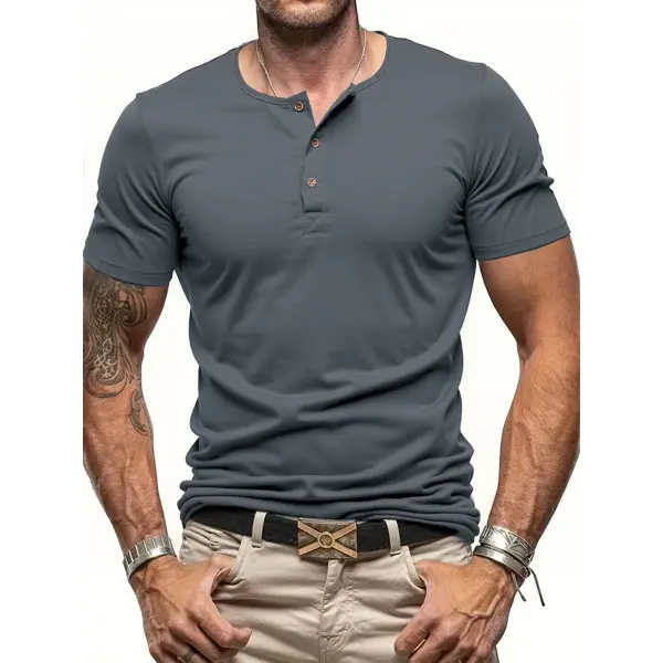 Men’s Short Sleeve Henley Neck T-shirt Solid Color Male Tops Slim Fit Button Neck Casual Cozy Tshirt Streetwear - Dark