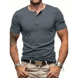 Men’s Short Sleeve Henley Neck T-shirt Solid Color Male Tops Slim Fit Button Neck Casual Cozy Tshirt Streetwear - Dark