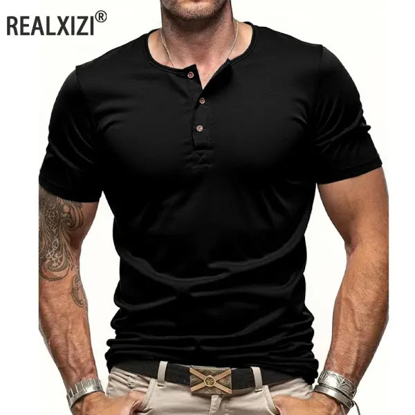 Men’s Short Sleeve Henley Neck T-shirt Solid Color Male Tops Slim Fit Button Neck Casual Cozy Tshirt Streetwear
