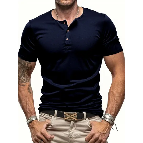 Men’s Short Sleeve Henley Neck T-shirt Solid Color Male Tops Slim Fit Button Neck Casual Cozy Tshirt Streetwear - Navy
