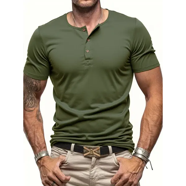 Men’s Short Sleeve Henley Neck T-Shirt - Slim Fit Casual Button Neck Tee - Cozy Solid Color Streetwear Top - army green