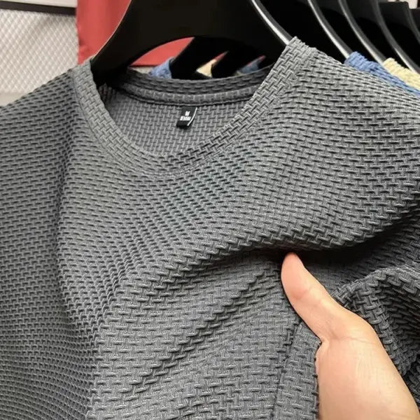 Men’s Short Sleeve Mesh Bamboo Ice Silk T-shirt Casual Versatile Summer Elastic Slimming Top for Men - Dark Grey / M