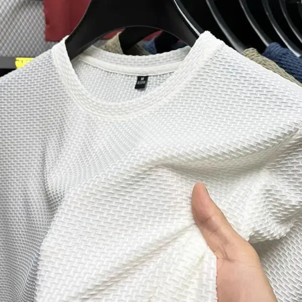 Men’s Short Sleeve Mesh Bamboo Ice Silk T-shirt Casual Versatile Summer Elastic Slimming Top for Men - WHITE / L