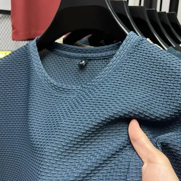 Men’s Short Sleeve Mesh Bamboo Ice Silk T-shirt Casual Versatile Summer Elastic Slimming Top for Men