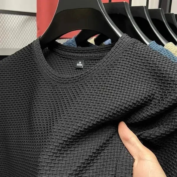 Men’s Short Sleeve Mesh Bamboo Ice Silk T-shirt Casual Versatile Summer Elastic Slimming Top for Men - black / L
