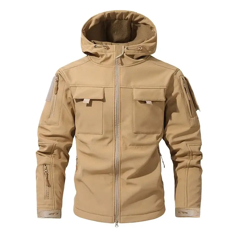 Men’s Silent Soft Shell Camouflage Tactical Jacket Waterproof Warm Fleece Hunting Jackets Outdoor Hiking Fishing Hooded