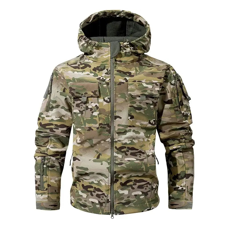 Men’s Silent Soft Shell Camouflage Tactical Jacket Waterproof Warm Fleece Hunting Jackets Outdoor Hiking Fishing Hooded
