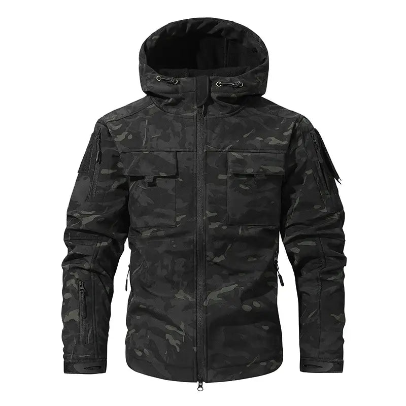 Men’s Silent Soft Shell Camouflage Tactical Jacket Waterproof Warm Fleece Hunting Jackets Outdoor Hiking Fishing Hooded