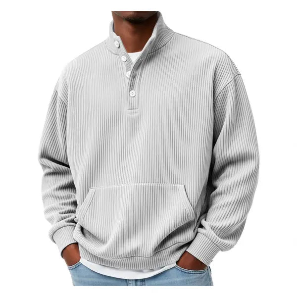 Mens Solid-Color Turtleneck Casual Long-Sleeve Polo Sweatshirt With Pockets For Men Spring Autumn Clothing Loose Button