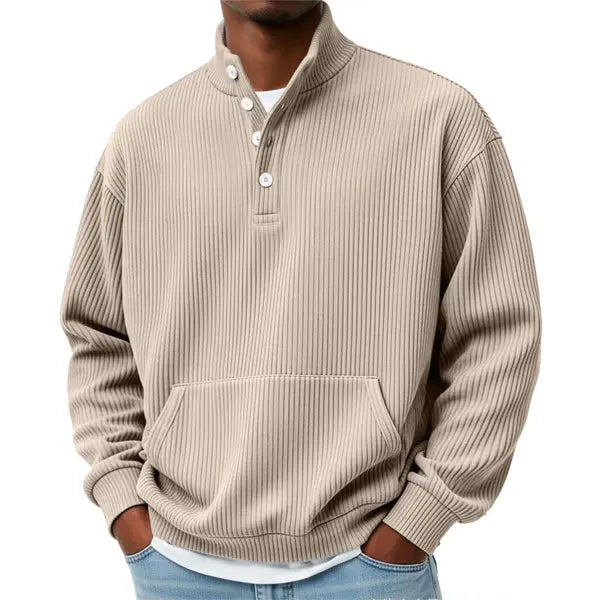 Mens Solid-Color Turtleneck Casual Long-Sleeve Polo Sweatshirt With Pockets For Men Spring Autumn Clothing Loose Button