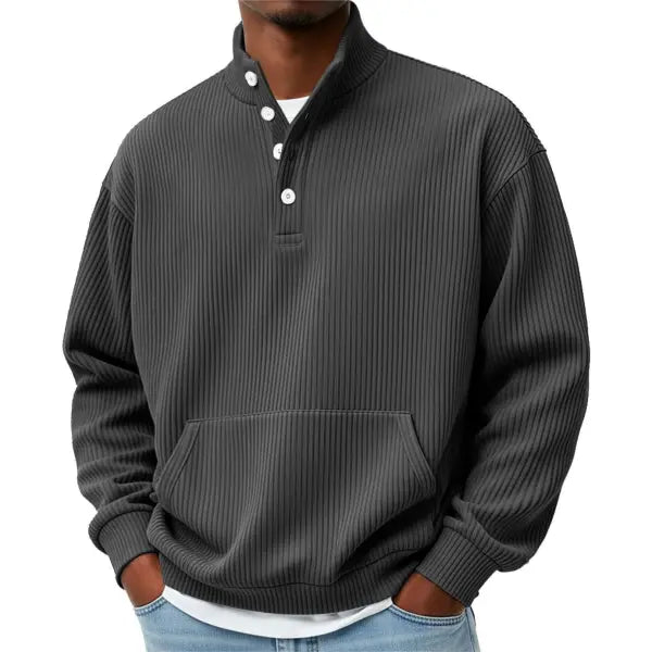 Mens Solid-Color Turtleneck Casual Long-Sleeve Polo Sweatshirt With Pockets For Men Spring Autumn Clothing Loose Button