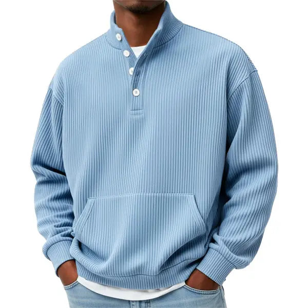 Mens Solid-Color Turtleneck Casual Long-Sleeve Polo Sweatshirt With Pockets For Men Spring Autumn Clothing Loose Button