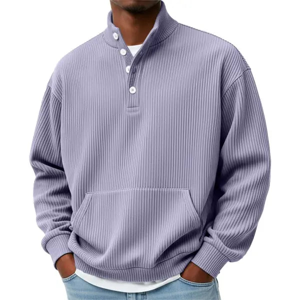 Mens Solid-Color Turtleneck Casual Long-Sleeve Polo Sweatshirt With Pockets For Men Spring Autumn Clothing Loose Button