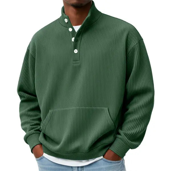 Mens Solid-Color Turtleneck Casual Long-Sleeve Polo Sweatshirt With Pockets For Men Spring Autumn Clothing Loose Button