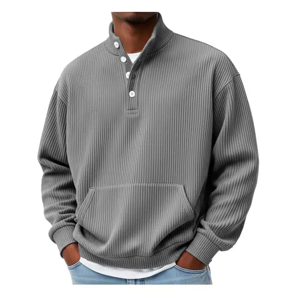 Mens Solid-Color Turtleneck Casual Long-Sleeve Polo Sweatshirt With Pockets For Men Spring Autumn Clothing Loose Button