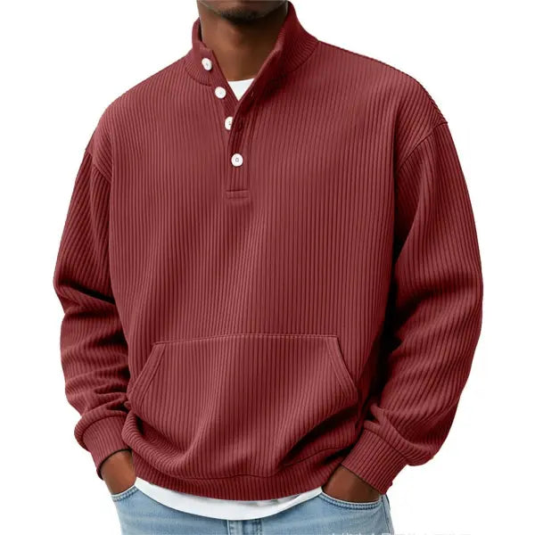 Mens Solid-Color Turtleneck Casual Long-Sleeve Polo Sweatshirt With Pockets For Men Spring Autumn Clothing Loose Button