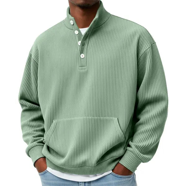Mens Solid-Color Turtleneck Casual Long-Sleeve Polo Sweatshirt With Pockets For Men Spring Autumn Clothing Loose Button