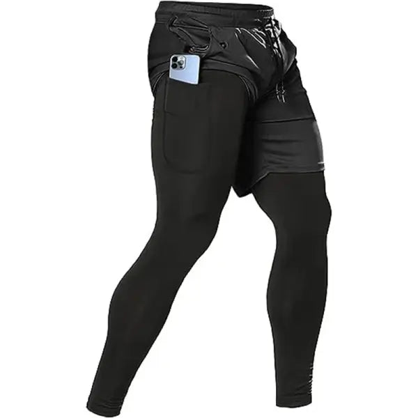 Men’s 2-in-1 Training Athletic Sport Pants - Performance Workout Joggers - Built-in Compression Gym Fitness Trousers