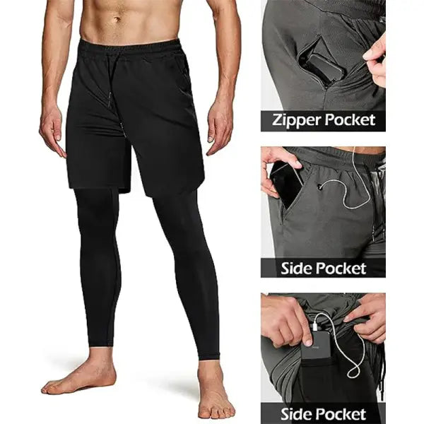 Men’s 2-in-1 Training Athletic Sport Pants - Performance Workout Joggers - Built-in Compression Gym Fitness Trousers
