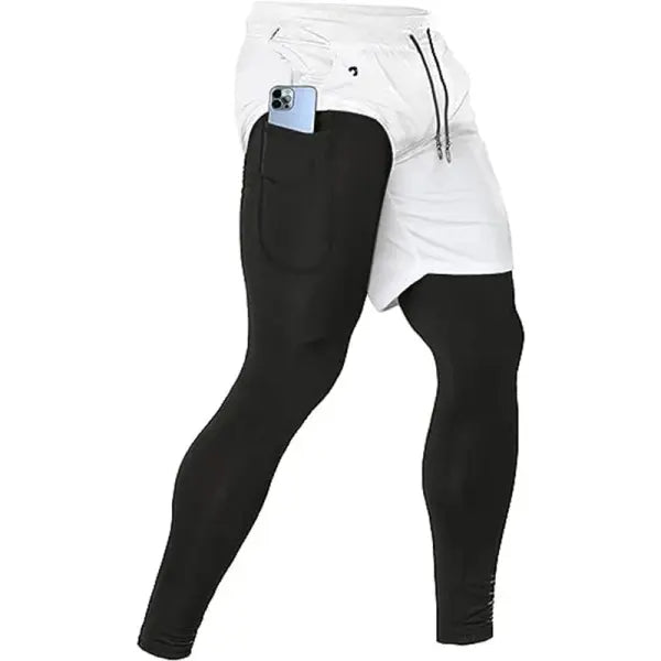 Men’s 2-in-1 Training Athletic Sport Pants - Performance Workout Joggers - Built-in Compression Gym Fitness Trousers