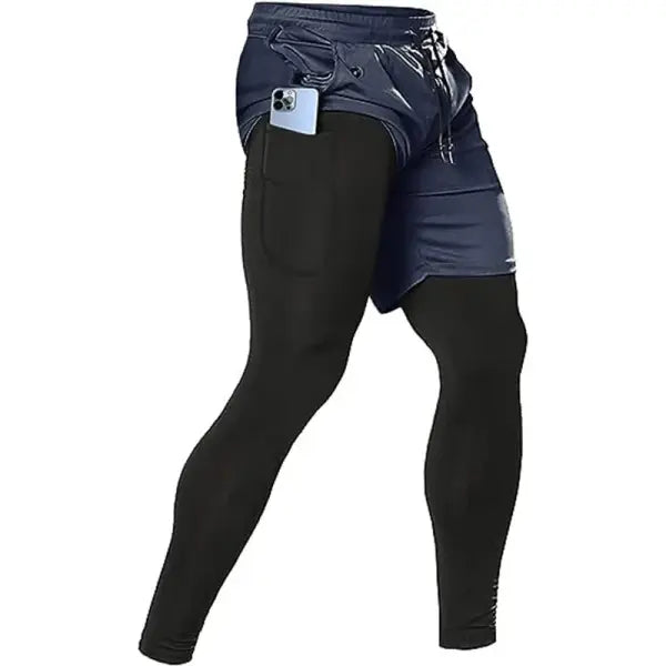 Men’s 2-in-1 Training Athletic Sport Pants - Performance Workout Joggers - Built-in Compression Gym Fitness Trousers