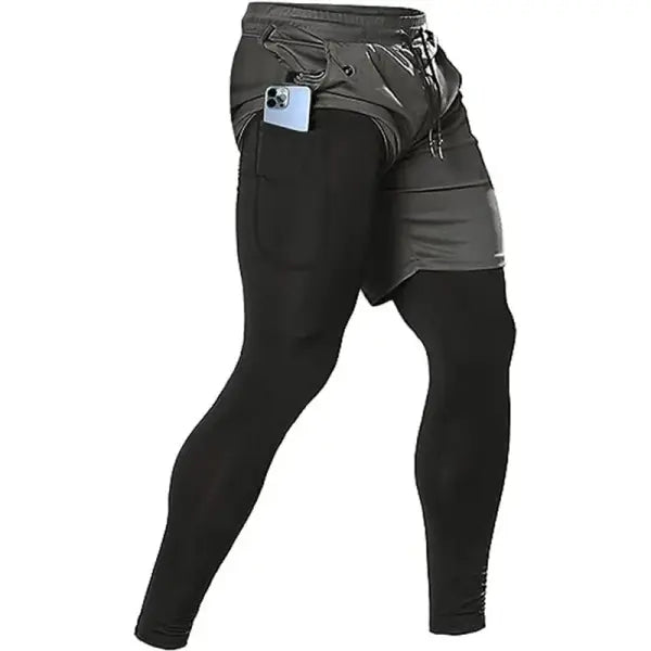 Men’s 2-in-1 Training Athletic Sport Pants - Performance Workout Joggers - Built-in Compression Gym Fitness Trousers