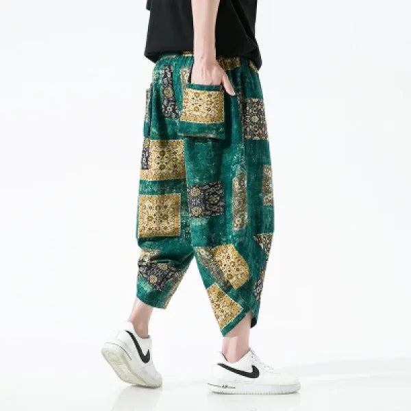 Men's Summer Beach Pants - Thin Print Wide-Leg Ethnic Harem Trousers - Himpall