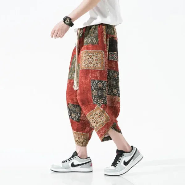 Men's Summer Beach Pants - Thin Print Wide-Leg Ethnic Harem Trousers - Himpall